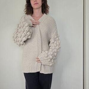 FATE Cardigan Womens S/M Cream Oversized Pom Pom‎ Bubble Sleeve Knit Open Front